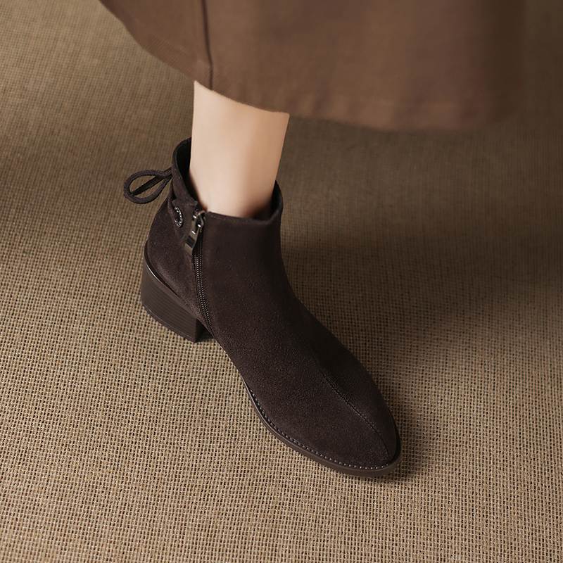 Krazing Pot Cow Suede Nubuck Round Toe Thick Heels Chelsea Boots Size 42 Slip on Women Butterfly-knot Ankle Boots
