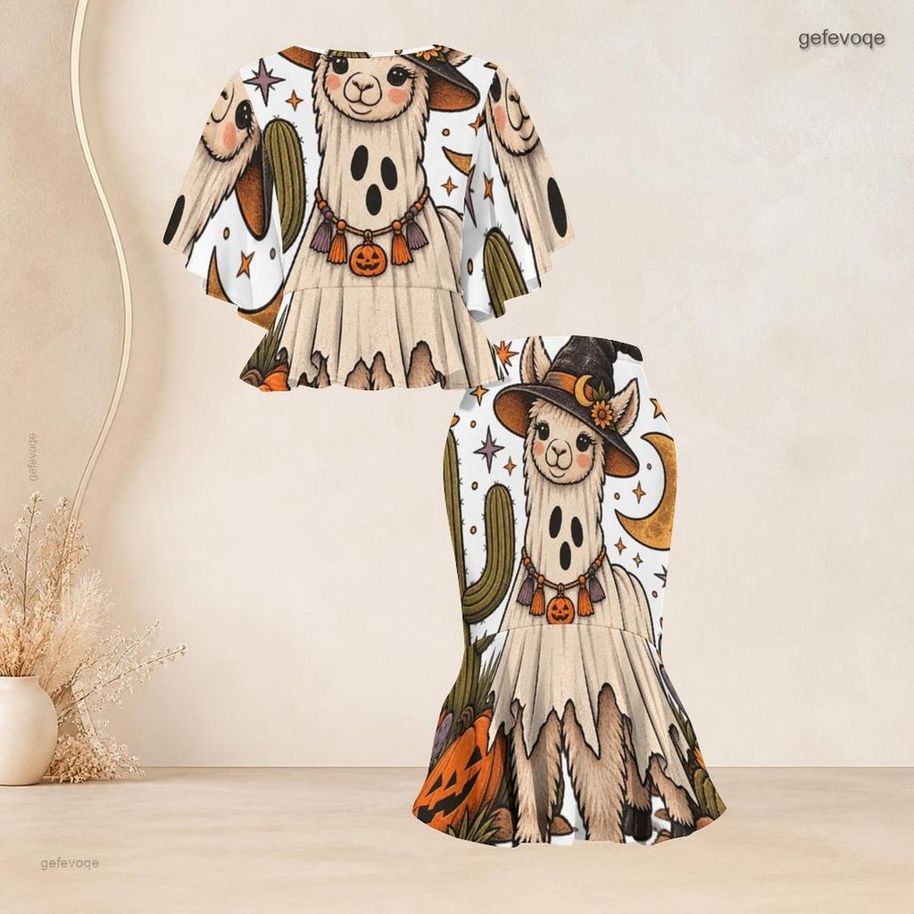 Women Plus Size Round Neck Halloween Printed Batwing Sleeve Ruffle Hem Top Fishtail Skirt Two Piece Set