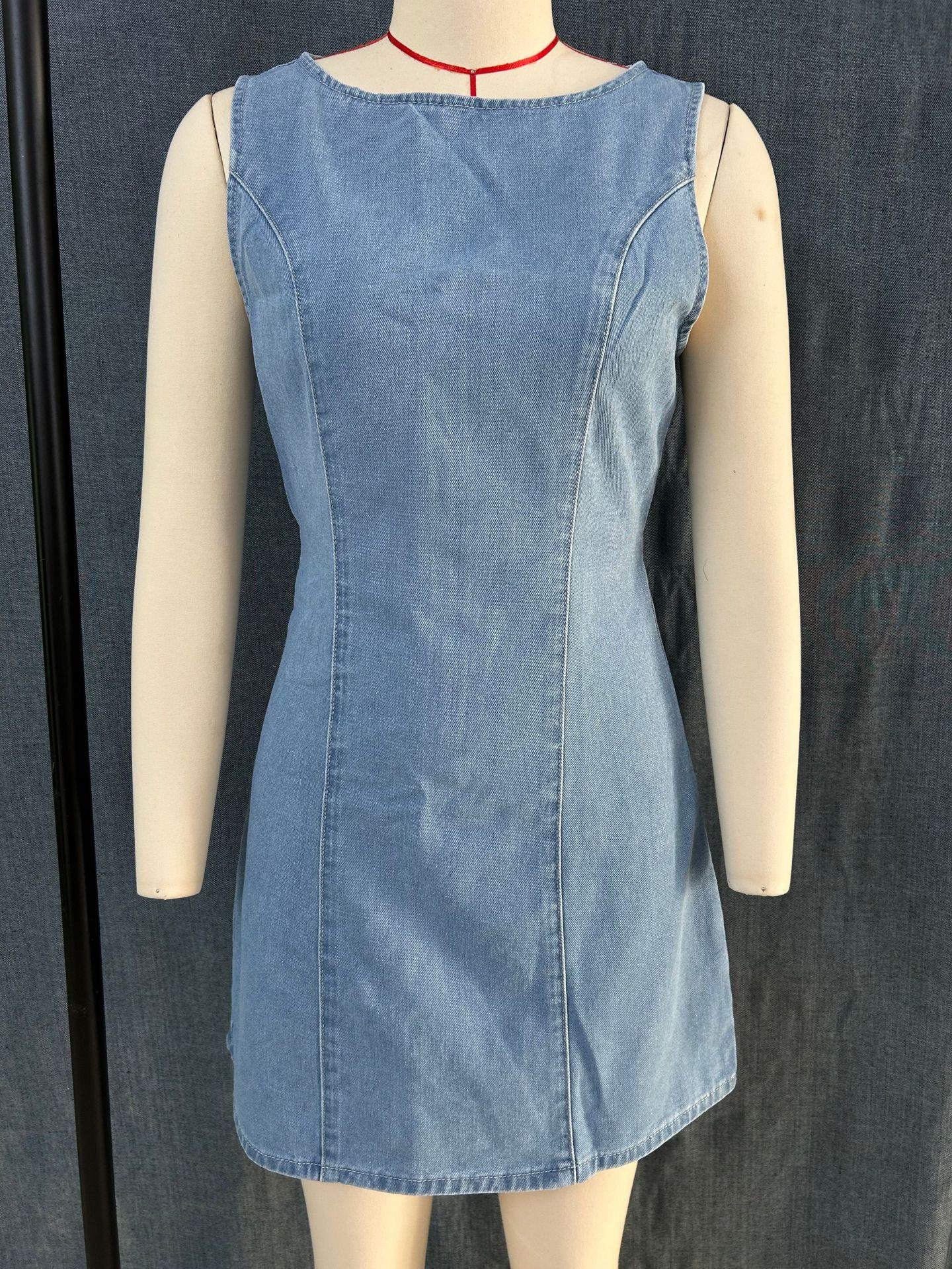 

Women s Sleeveless Dark Blue Denim Bodycon Short Dress, Pure Color XXL світло-синій колір