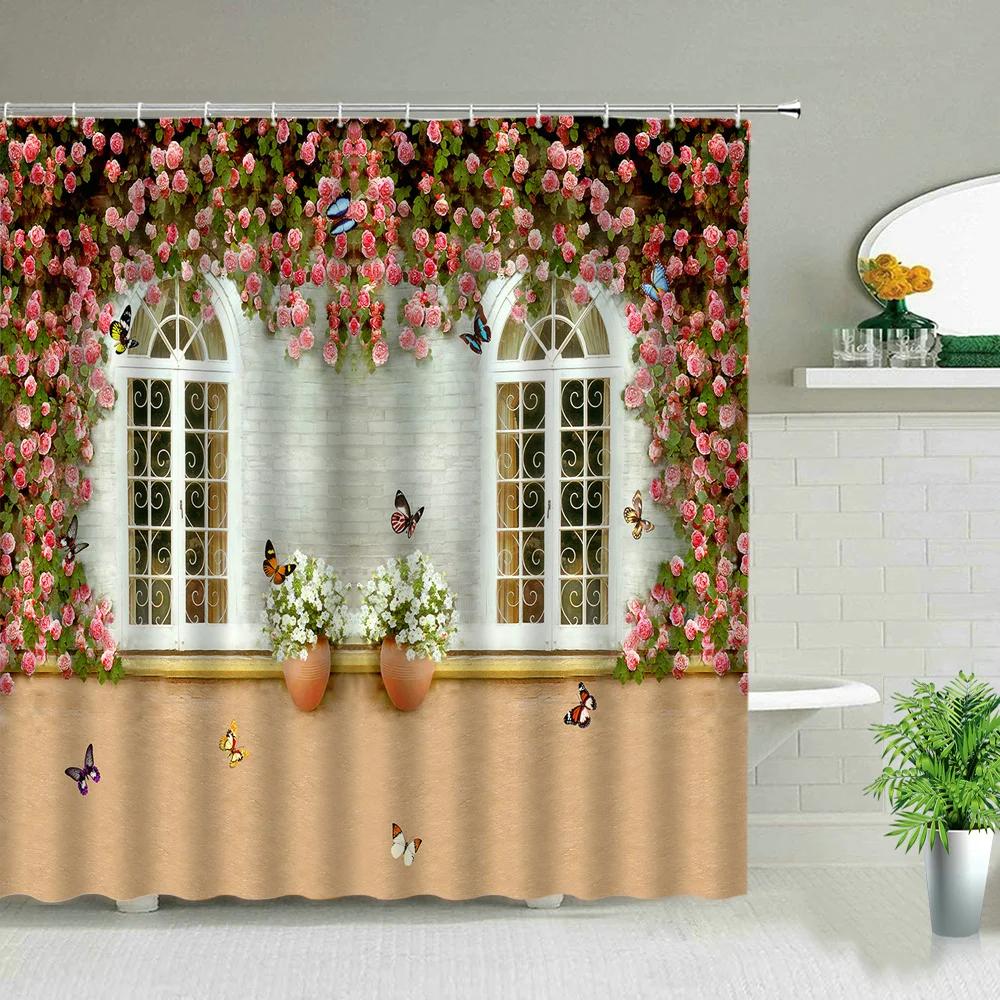 Pink Flower Plant Scenery Shower Curtains Rose Tulip Butterfly Spring Landscape 3d Printing Bathroom Waterproof Bath Curtain Set