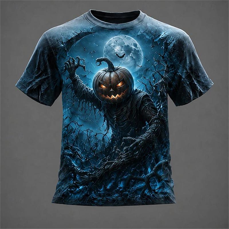 New Men's Crew-Neck T-Shirt Pumpkin Skeleton and Scarecrow Print Halloween Horror Casual Top Unisex Holiday Party Outfit