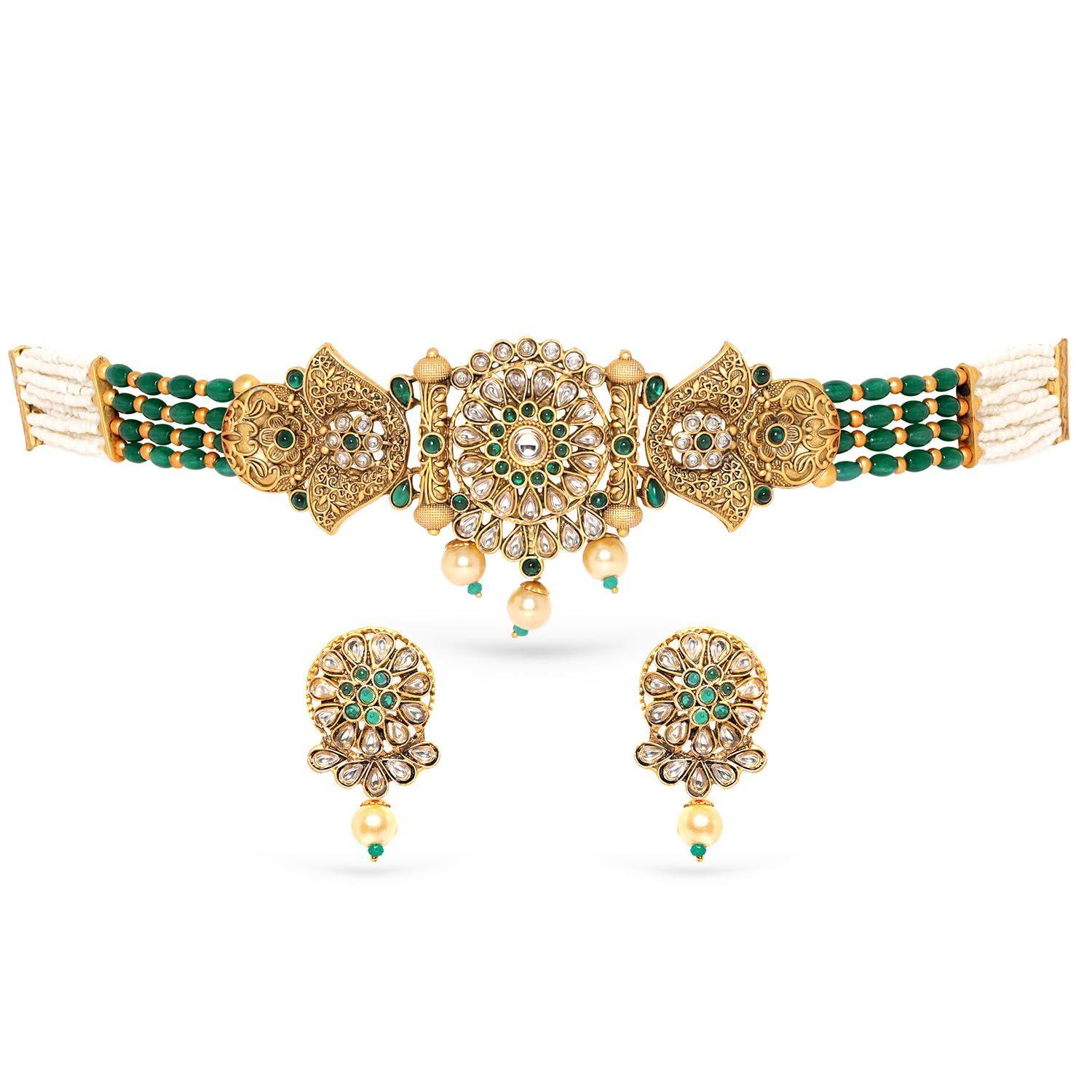 

Emeral Kundan Stone-Studded Pearl Beaded Choker Jewellery Set For Women