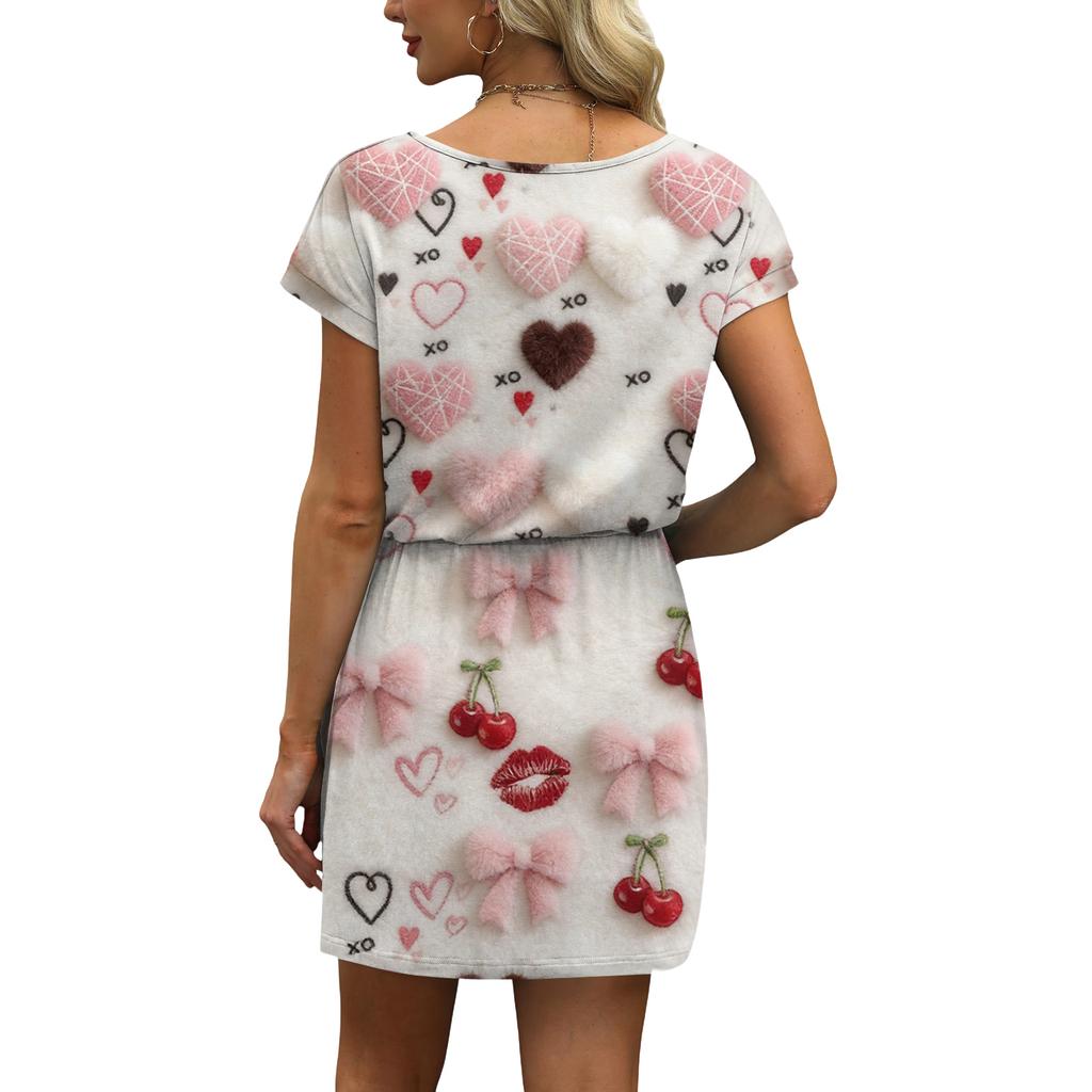 Women's V,Neck Short,Sleeve Drawstring Pocket Valentine's Day Print Casual Dress