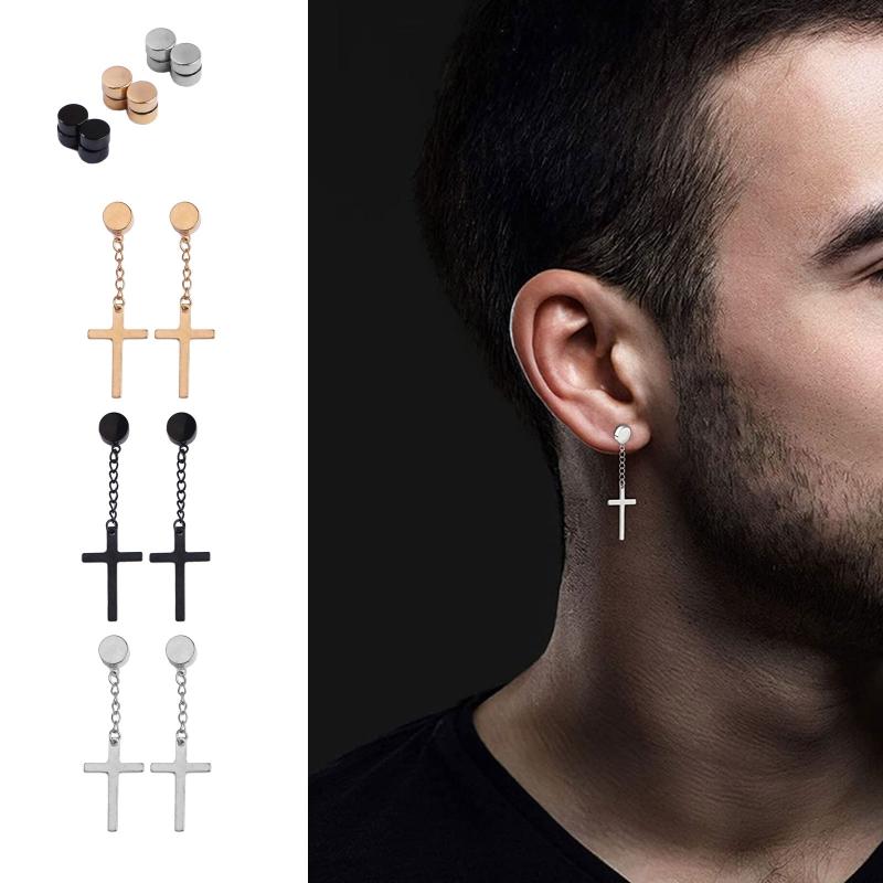 Set of 3 Pairs Non-perforated Magnet Stud Earrings Stainless Steel for Cross Dangling Earrings Clip On Jewelry for Women