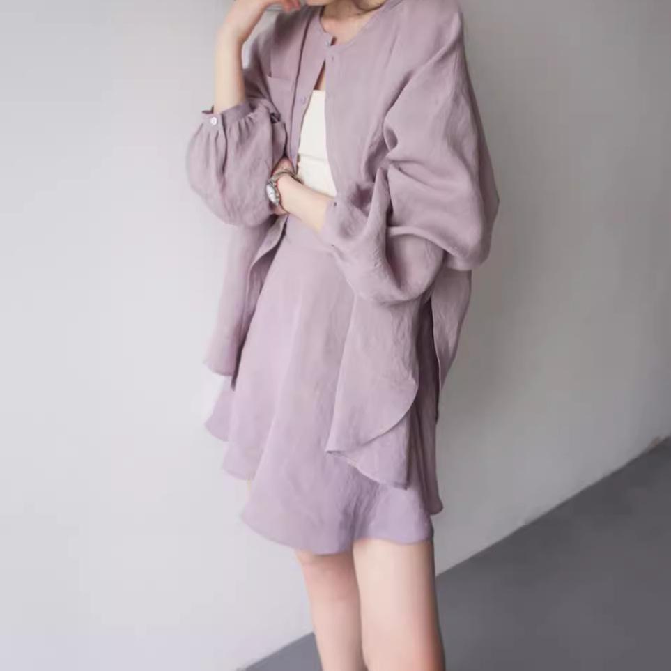 High-End Grayish Purple Linen Long-Sleeve Shirt & Culottes Set
