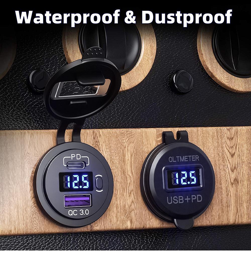 USB C Car Charger Socket 12V/24V Dual USB Socket PD3.0 and QC3.0 Car USB Port with LED Voltmeter and On/Off Switch