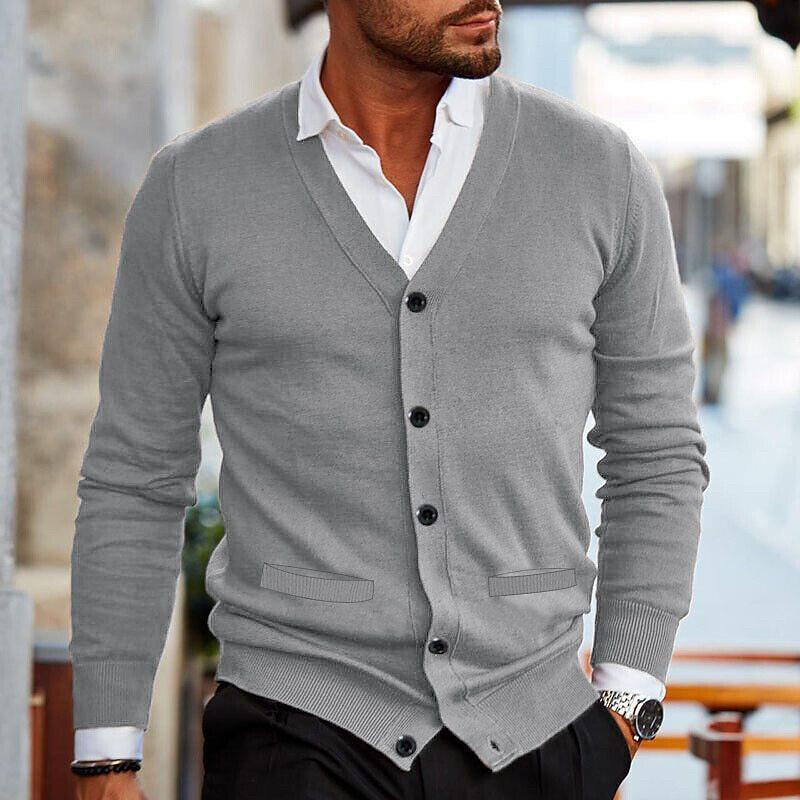 Men's Fall and Winter Long-sleeved V-neck Knit Shirt Youth Double Side Pockets Slim Daily Cardigan