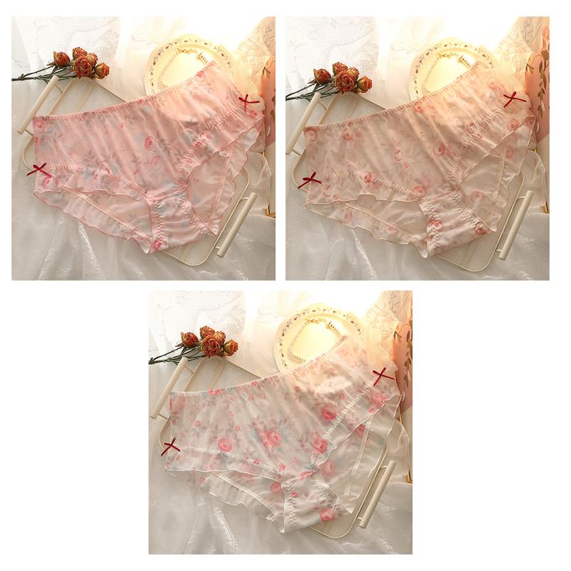 3 PCS Women's Plus Size Underwear Lolita Style Sexy Briefs Sheer Rose Tulle Panties L XL 2XL 3XL 4XL 5XL