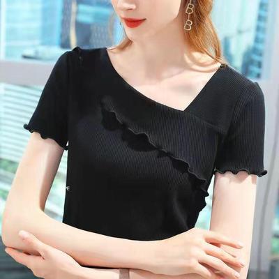 Premium Modal T-Shirt Women's Summer Short Sleeve Tee V-Neck Shirt with Ruffled Trim
