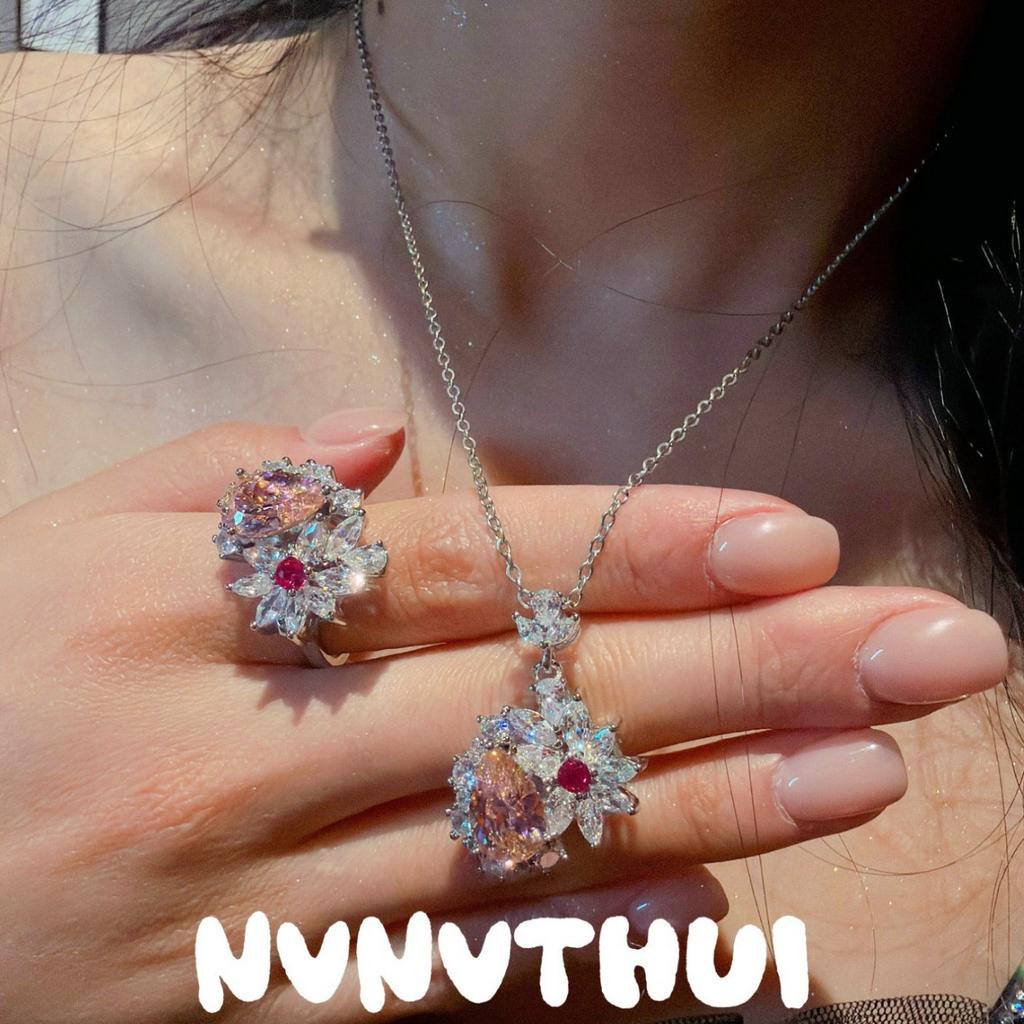 Light Petal Water Drop Gemstone Flower Necklace, Papalacha, 18K Gold Plated, Flower Zircon Ice Flower Cut Ring