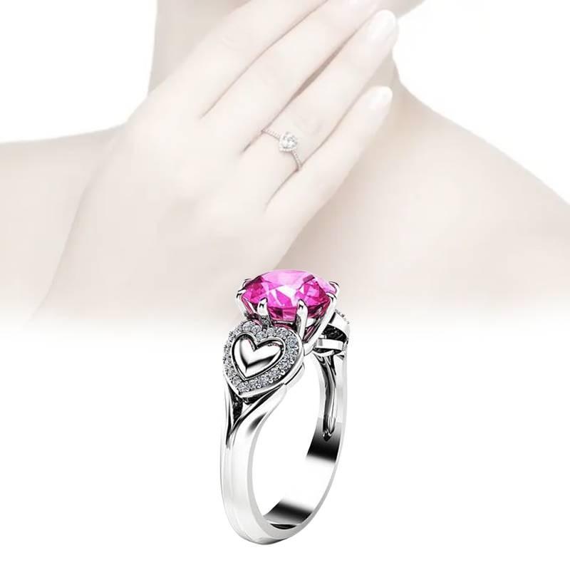 Bague Tendance en Forme de Cœur avec Cristal Zircon Rose et Anneau Réglable Plaqué Argent pour Femmes