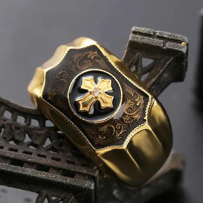 Nuovo Anello Creativo Color Oro con Croce in Onice Nero Artificiale Fede e Forza per Uomo Fascino da Festa Regalo Anelli Accessori Moda