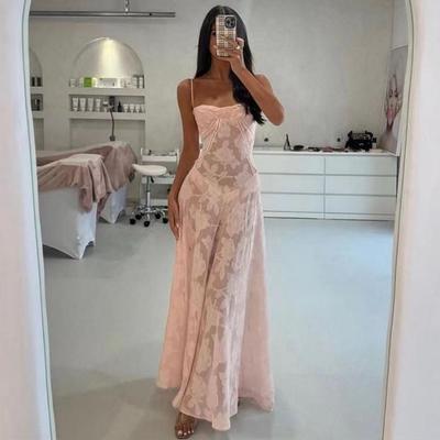 Spring Summer Women Perspective Seaside Vacation Slim Fit Camisole Dress High Waist A Line Suspender Floral Print  Long Dress