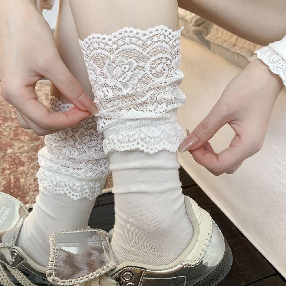 1Pair Lace Edge Long Tight Socks Solid Color Calf Socks Fashion Boot Socks Girl