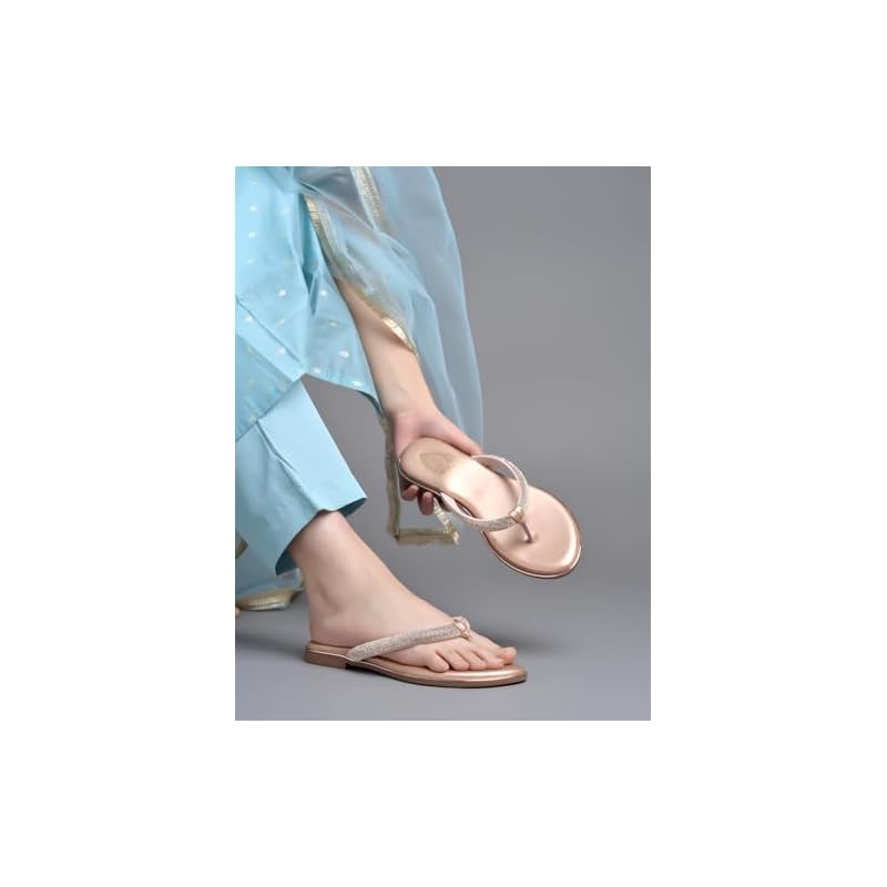 Shoetopia Embellished Rhinstone Strap Rose-Gold Flats For Women & Girls /Eu39