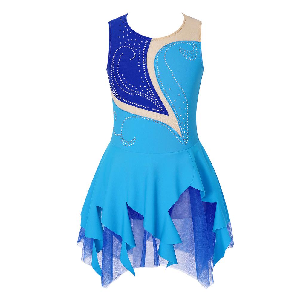 Kids Girls Rhinestone Skating Dress Sleeveless Round Neck Hollow Back Patchwork Style Figure Dance Costume