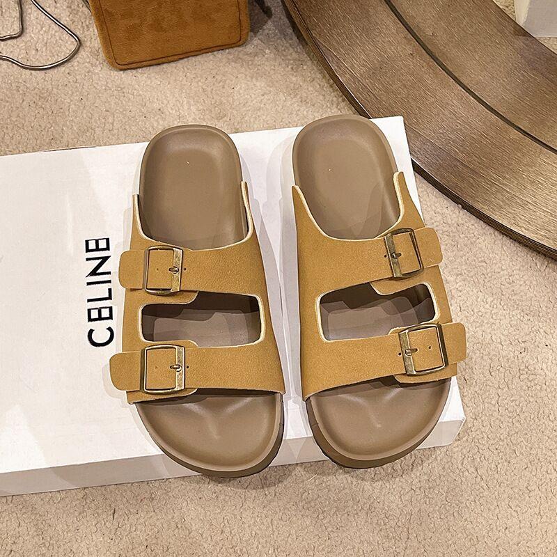 Thick-soled cool slippers women's shoes summer wear 2025 new popular Birkenstock couple large size stepping on shit feeling one-word drag