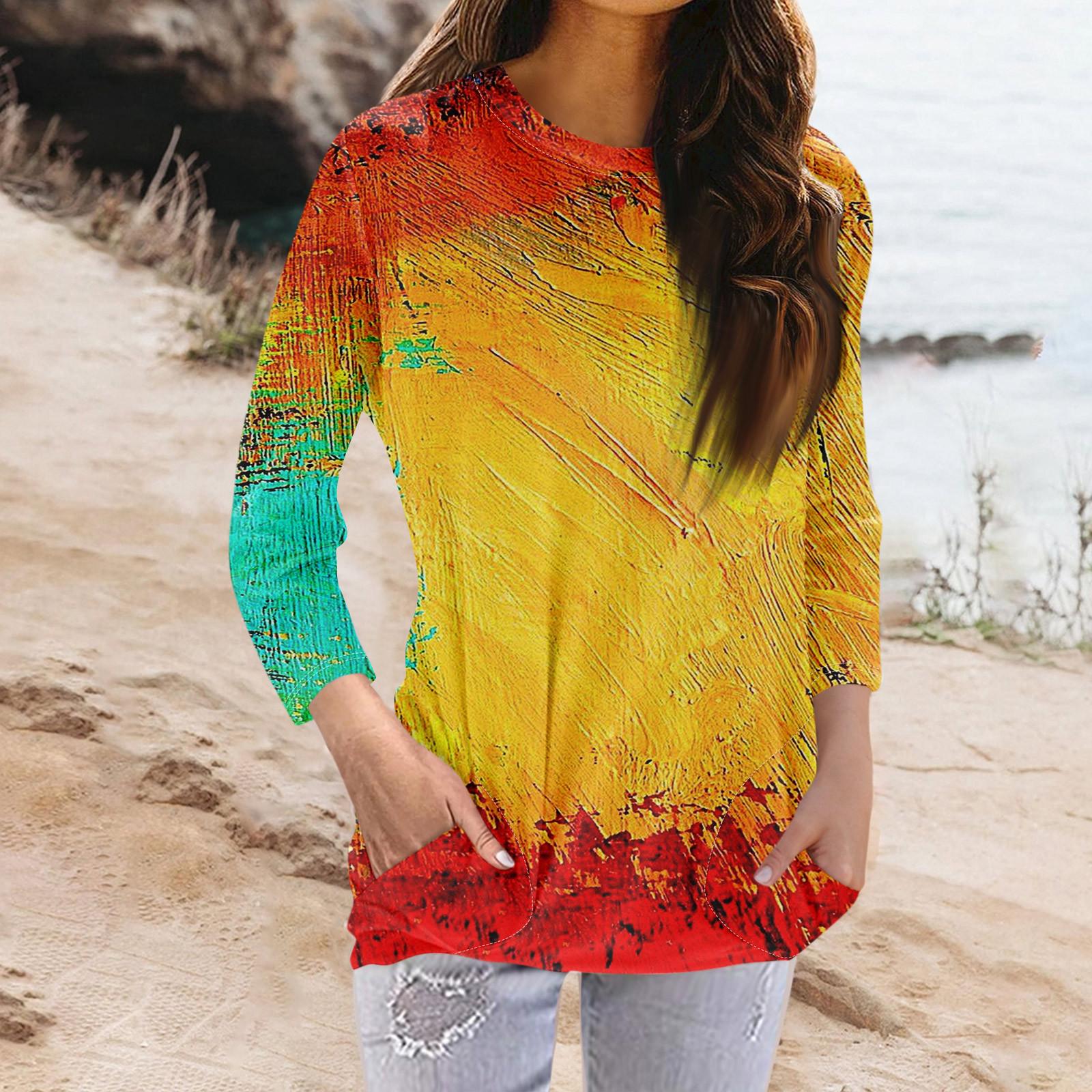 

Женская модная повседневная футболка с карманом и круглым вырезом с рукавами 3/4 и топом XXXL жёлтый