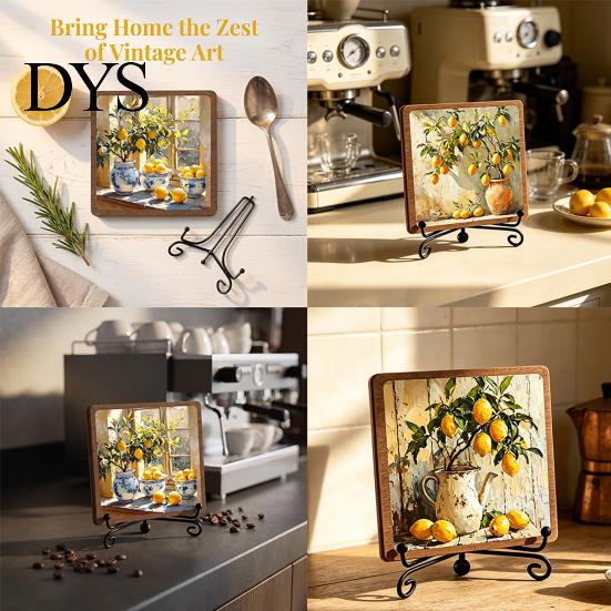Vintage Lemon Oil Painting Decor Wooden Tabletop Sign, Pastoral Farmhouse Decorative Plaque with Handcrafted Art Iron Stand, Rustic Desktop