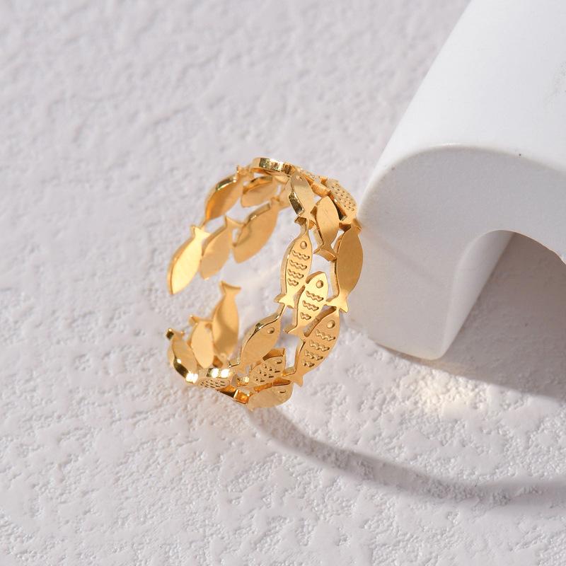18K Gold Hollow Triple-Layer Fish Ring, Titanium Steel, Adjustable Open Band, Stylish & Personalized Design for Women