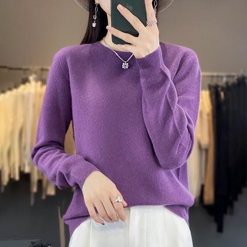 Women's 100% Pure Wool Versatile Round Neck Loose Sweater - Solid Color Knitwear