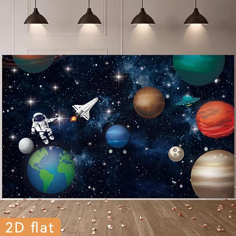 2D Flat Outer Space Banner Kids Space Adventure with Astronaut, Rocket & Solar System Backdrop