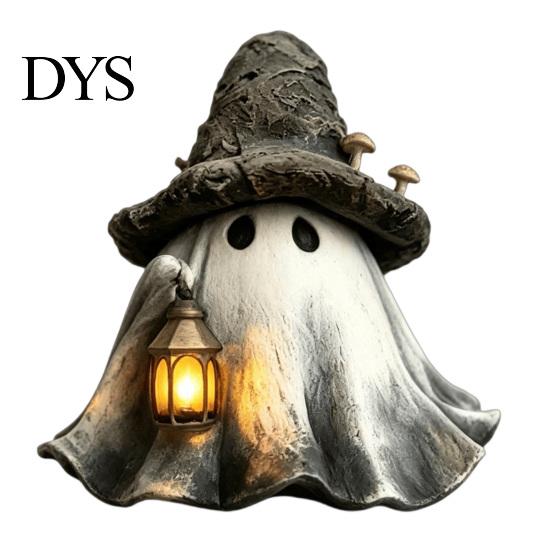 Unique Holiday Collection Item Halloween Ghost Wizard Hat Resin Figurine with LED Lantern, Vintage Witch Glowing Sculpture for Desk Holding