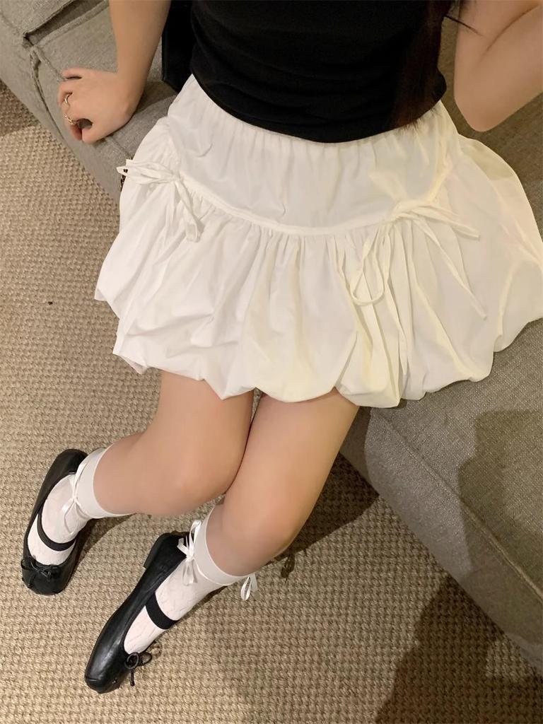 2025 Spring/Summer Women's High-Waist A-line Fluffy Short Skirt with Bow Knot Tie-up