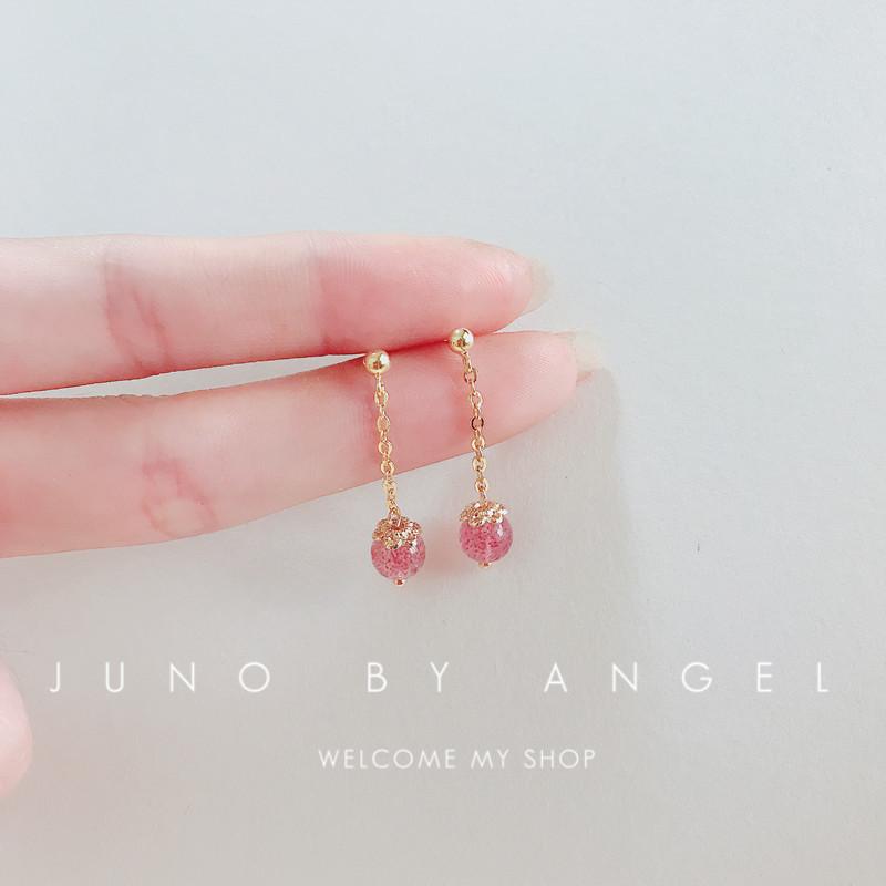 Strawberry crystal earrings, ear studs, earrings, simple ear thread, long drop earrings, peach blossom crystal earrings, fresh style Pure Natural