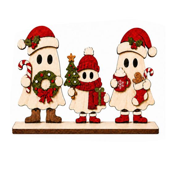 Decorative Ghost Statue for Mantel 3Pcs Wooden Christmas Ornaments with Stable Base Tabletop Holiday Entryway Cabinet Decorations Decor, 2D Flat Cute