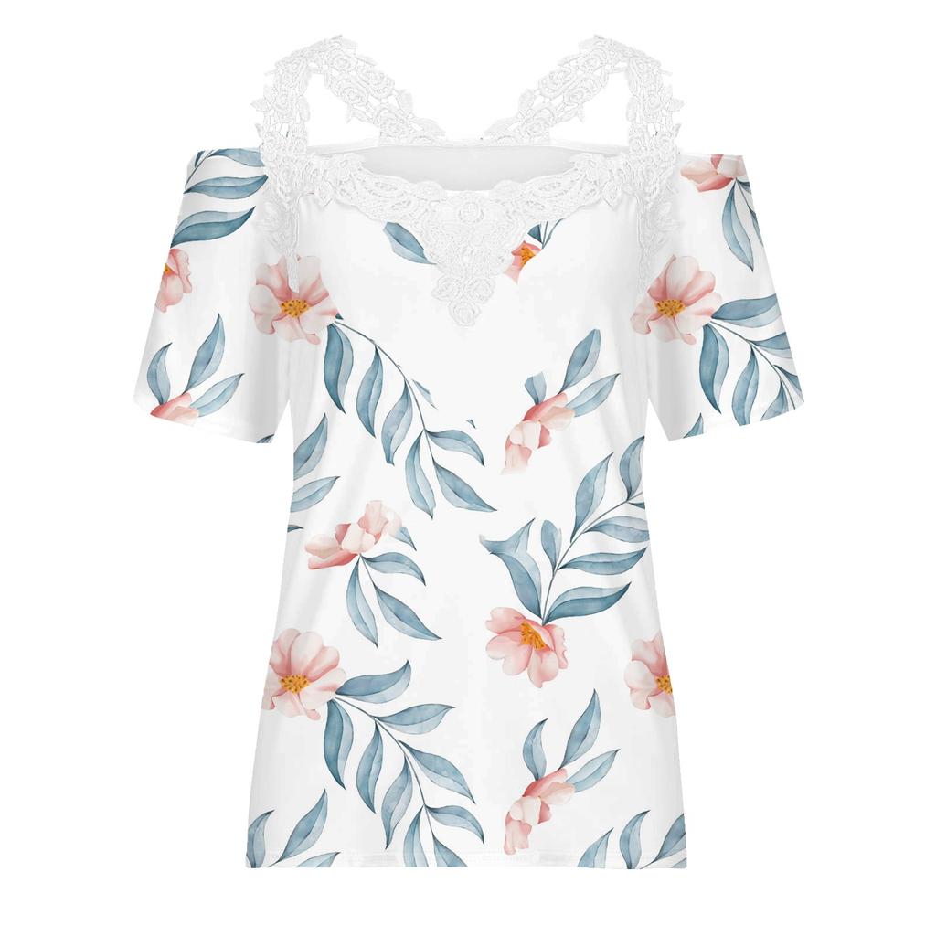 Top da donna con scollo a V e patchwork di pizzo, maglietta a maniche corte stampata, top tunica