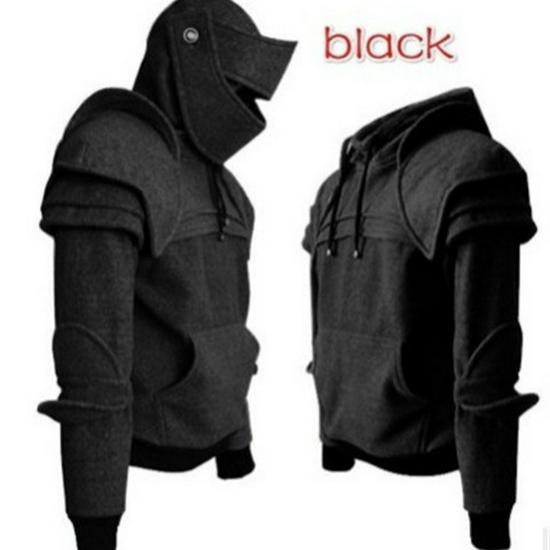 Men's Halloween Knight Hoodie with Mask, Elbow Pads, Drawstring, and Kangaroo Pocket - Solid Color Cosplay Costume