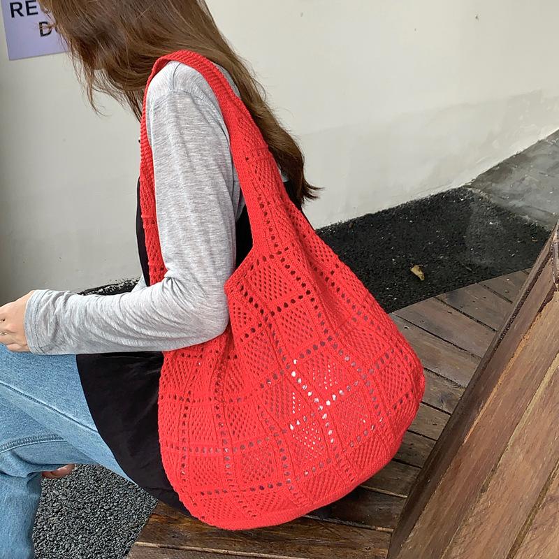 Polyester Knit Tote Bag for Women Oversized Crochet Shoulder Handbag Soft Mesh Woven Purse Casual Daily Commute Bag KTB