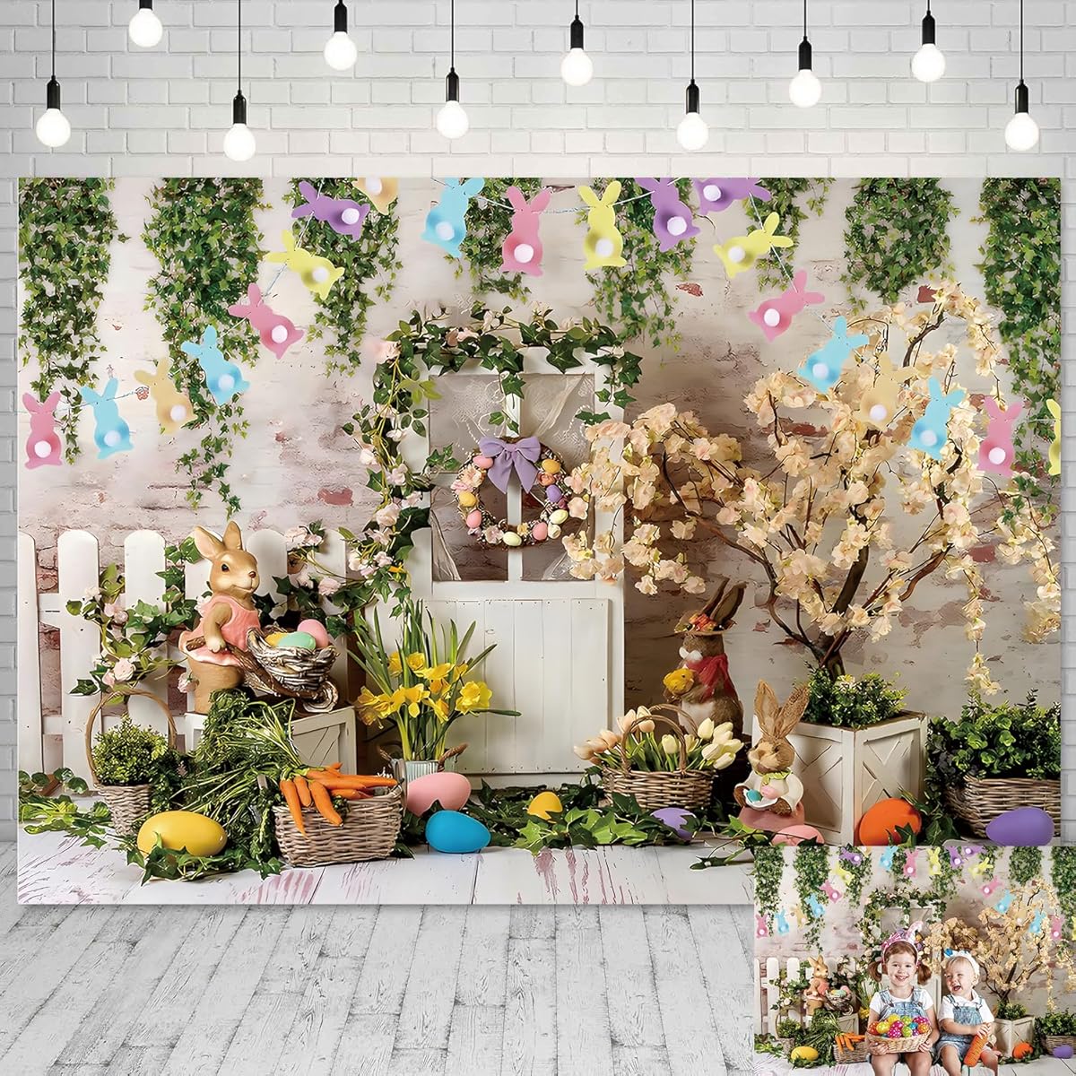 2D flat banner - 2D Easter background fabric - Easter egg - Rabbit - Flowers - Trees - Photography background - Party banner 47.2x31.5inch/120*80cm