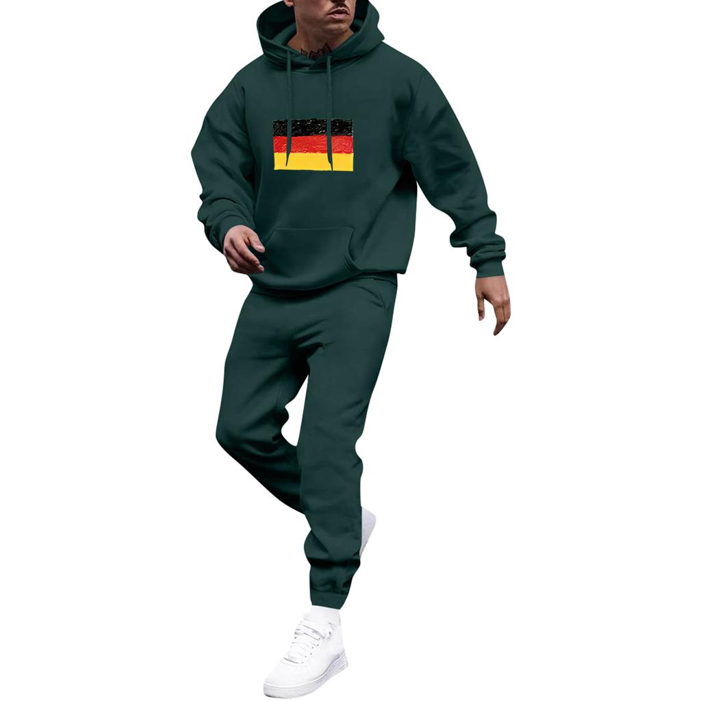 Men's Solid Color Flag Print Hooded Universal Versatile Hooded Sweatshirt Sweatpants Casual Sports Suit