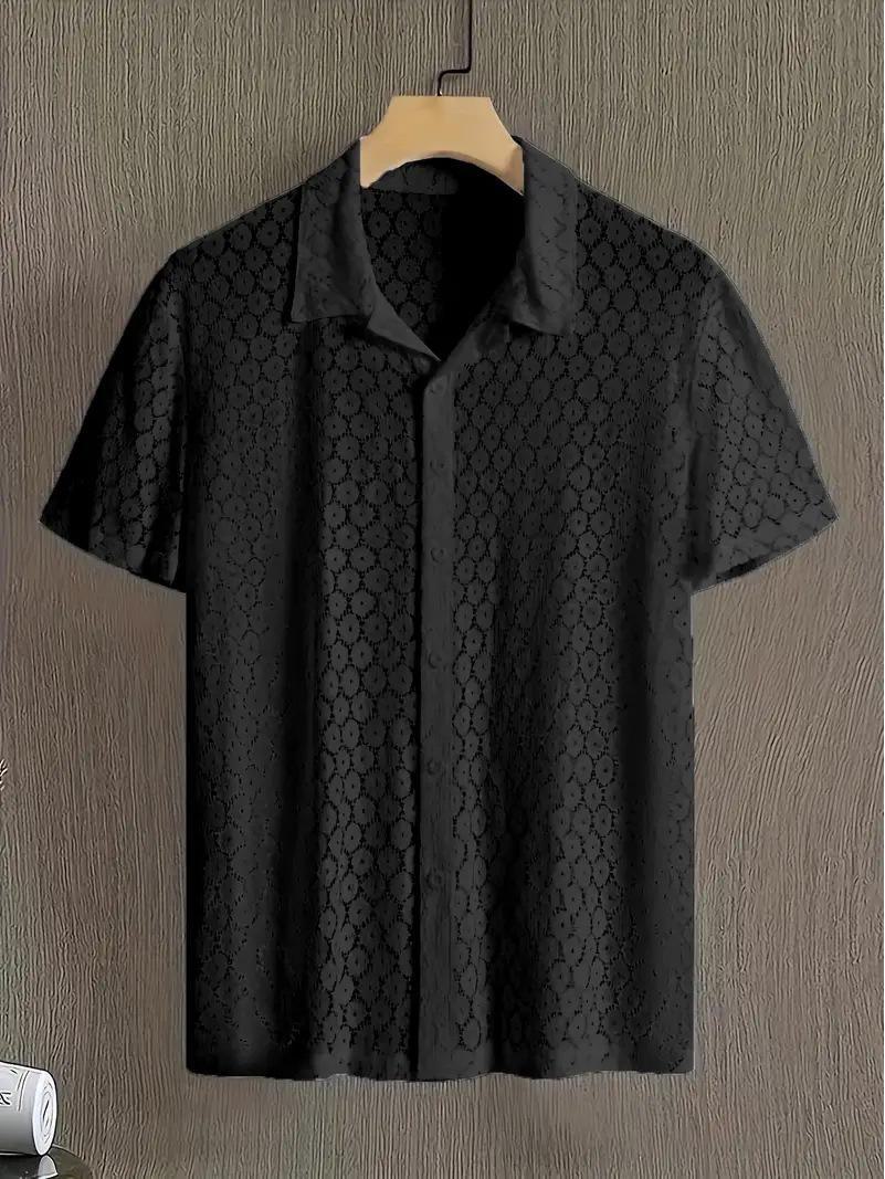 

2024 Мужская модная кружевная рубашка с коротким рукавом на пуговицах с открытыми плечами L чёрный