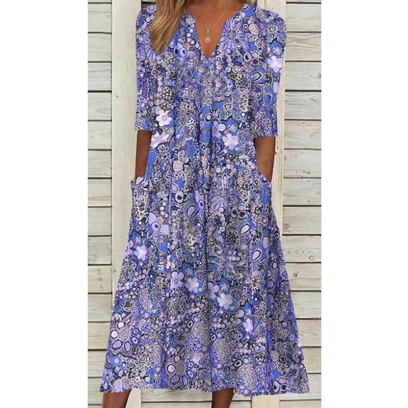Summer Fashion Vintage Floral Print Boho Party Dresses for Women Vacation V-Neck Short Sleeve Pockets Beach Midi Dress Robe