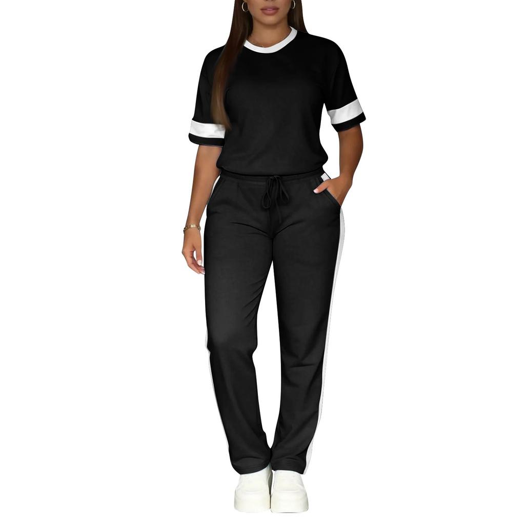 Women's 2-Piece Fashion Casual Short-Sleeve Top And Pants Set With Side Stripes And Color-Blocking