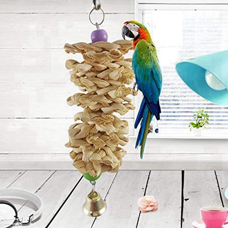 1PC Parrot Toy with Bell Natural Wooden Grass Chewing Bite Hanging Cage Swing Climb Chew Toys