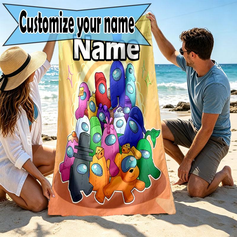 Custom Name Personalized Among Us Print Beach Towel, for Trip Camping Beach Party Home Decor, Birthday Gift for Family & Friends