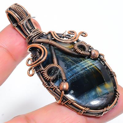 Natural Black Tiger Eye Gemstone Handmade Copper Wire Wrap Pendant 2.60" D2g08