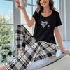 Heart Plaid Milk Silk Women's Two-Piece Pajama Set: Short-Sleeve Top & Long Pants