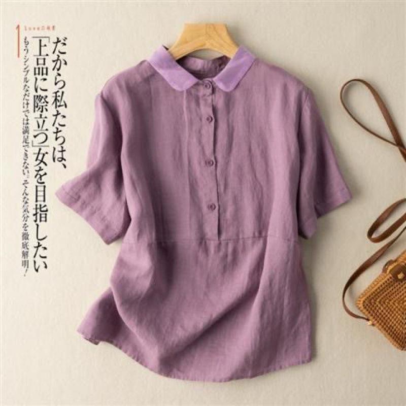 Solid Color Short-Sleeve Pullover Linen Shirt for Women, Vintage Hong Kong Style Cotton-Linen Blouse, 2026 Spring/Summer New Arrival