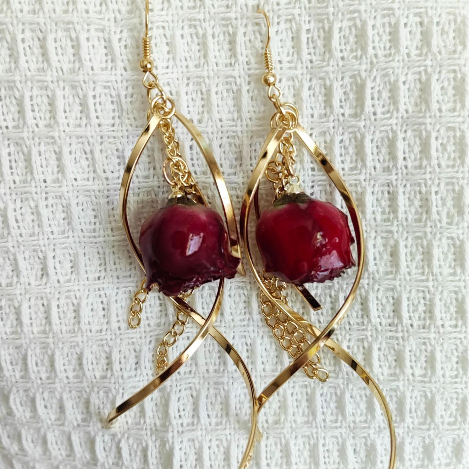 Forest Fairy Natural Rose Real Flower Long Dried Flower Tassel Earrings