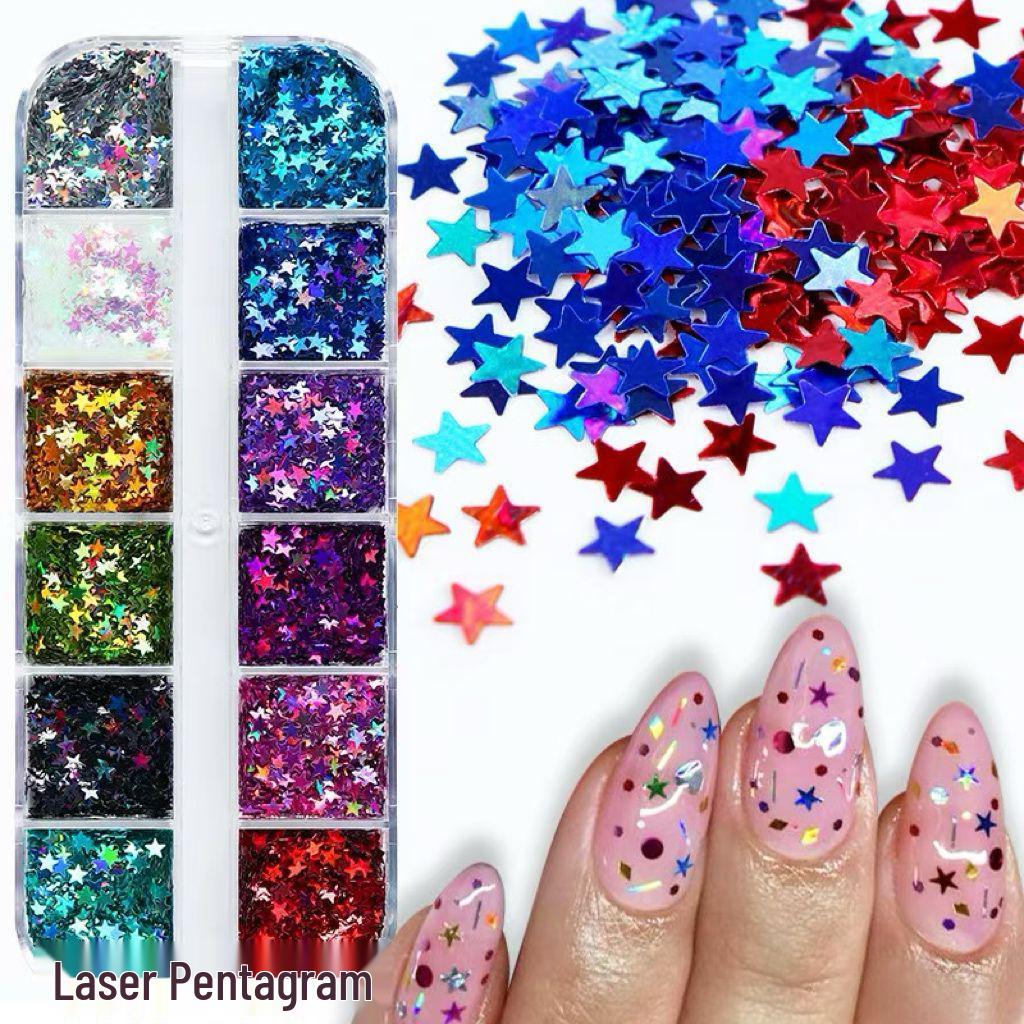 12-Color Star Sequin Nail Stickers - Laser Hollow DIY Art Material