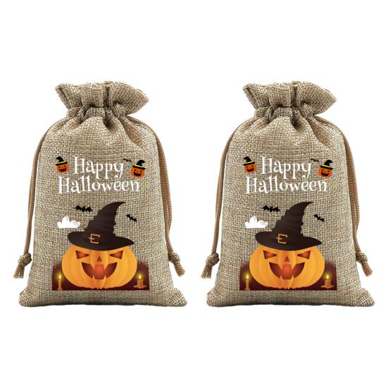 Handmade Style Party Bags 2Pcs Halloween Pumpkin Drawstring for Candy Treats, Retro Burlap Festival Totes Trick or Treat Bags, Portable Goodie