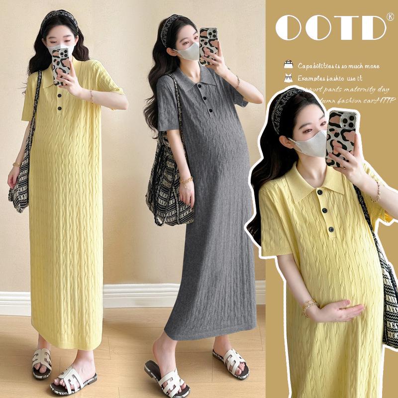 Korean Style Maternity Knit Dress with Embroidery & Pleats for Summer 2026