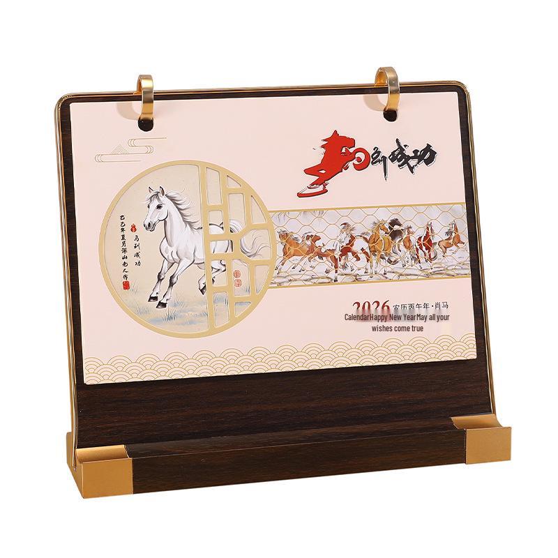2026 Jahr des Pferdes Holz-Tischkalender: Antiker Stil, Kreatives Einfaches Design, Business Monatsornament mit anpassbarem Logo.