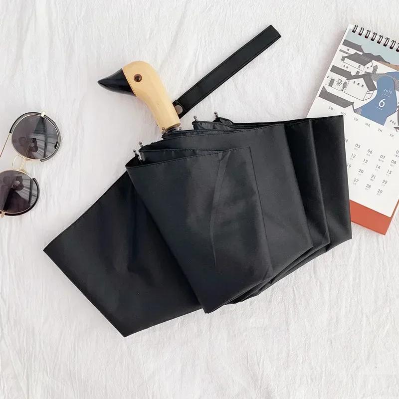 

Зонт мужской милый утиный голова деревянная ручка 3 складной ветрозащитный черный покрытие УФ-защита женский дождевик автоматические зонты чёрный