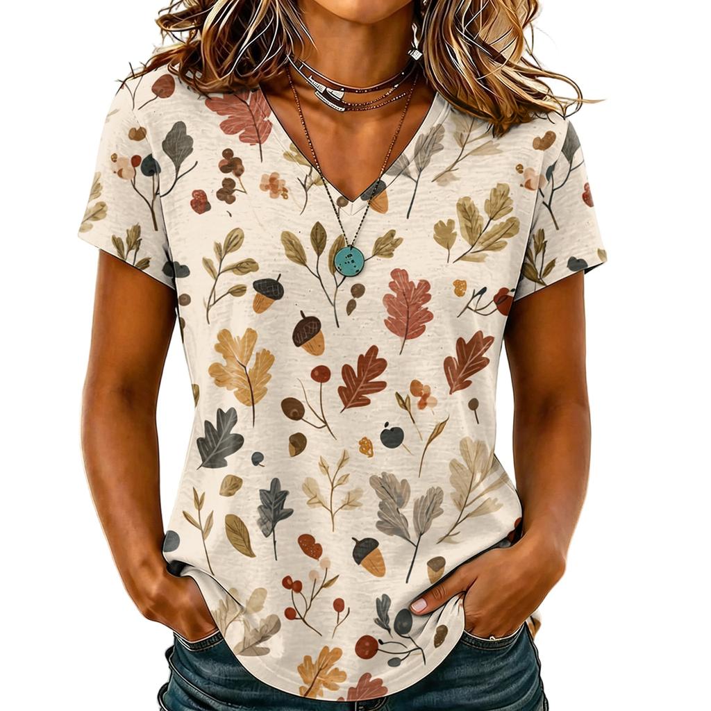 Womens Casual V Neck T Shirt Short Sleeve Floral Print Top Lightweight Comfortable Soft Fabric Blouse for Everyday Wear